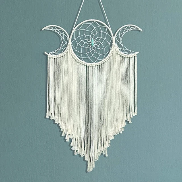 Atrapasueños de macramé hecho a mano, tres lunas, tejido blanco,  atrapasueños para colgar en la pared, decoración de pared bohemia grande  para niños