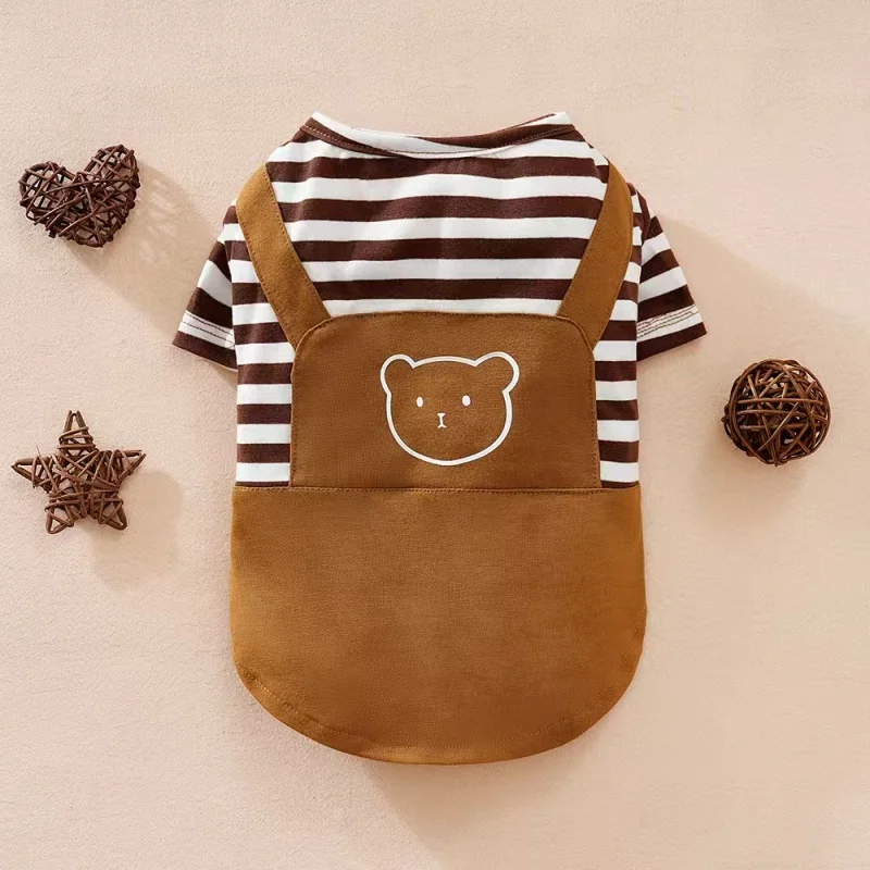 1pc 애완동물 조끼 - 올인원 귀여운 곰 프린트 및 스트라이프 디자인 소프트 브라운 풀오버(커프스 포함), 애완동물 작업복