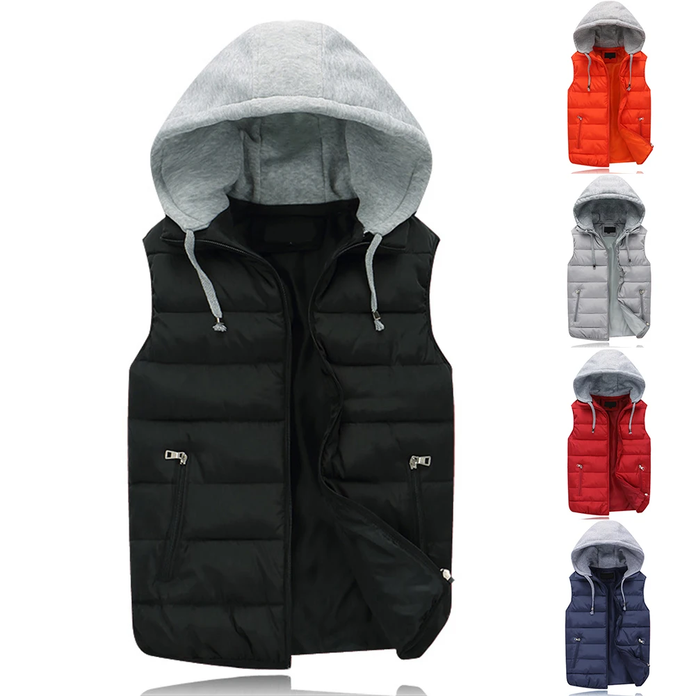 Description Picture 3 of itemFashion Men's Warm Padded Vest With Hood Windproof Sleeveless Zip-up Solid Color Casual Jacket Vests Waistcoat Man Clothing