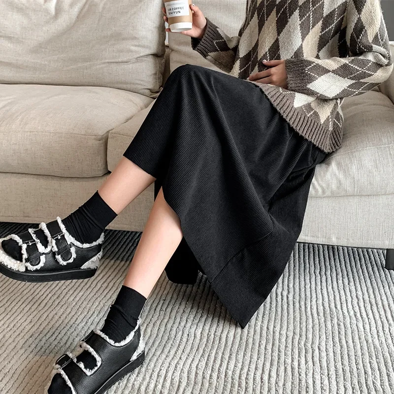 Maternity Corduroy Skirt High Waist Midi Length Pleated College Style Autumn Winter Fashionable Pregnancy Skirt