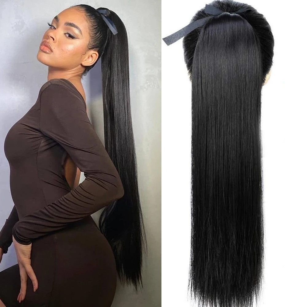 여성용 스트레이트 포니테일 익스텐션 드로스트링 포니테일, 인모 익스텐션, 포니테일 헤어피스, 내추럴 블랙 클립, 100%