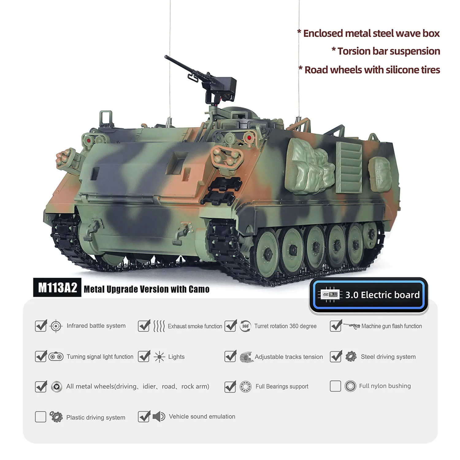 TD 1/16 RC 탱크 M2412-C M113A2 APC 적외선 포탑 회전 360도 제어 금속 휠 전동 군용 차량