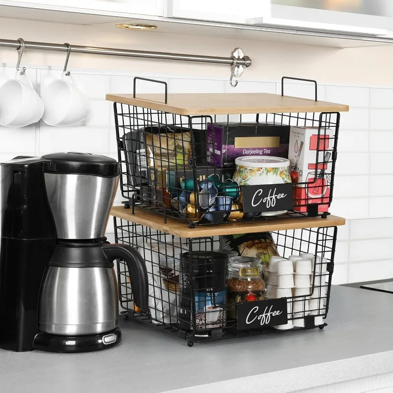 2 Set Stackable Wire Basket with Bamboo Top - Kitchen Counter, Pantry Organizer and Storage - Produce Onion Potato 6