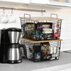 2 Set Stackable Wire Basket with Bamboo Top - Kitchen Counter, Pantry Organizer and Storage - Produce Onion Potato 6