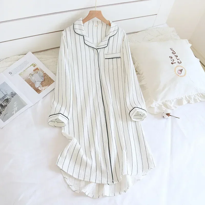 

Long-sleeved Simple Nightwear Women's Dress Long new Summer plus Striped Nightdress And 2023 Home cotton Size Spring