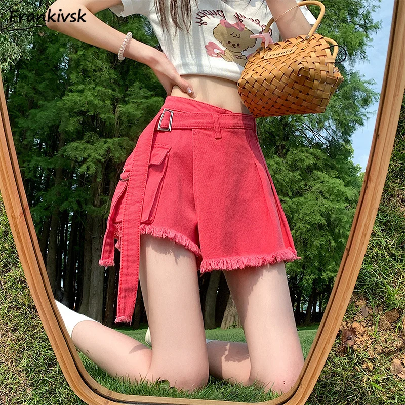 

Colorful Skirts Women Slim Solid Asymmetrical Fashion Pocket Frayed Elegant Korean Style Harajuku Denim Hotsweet Popular Street