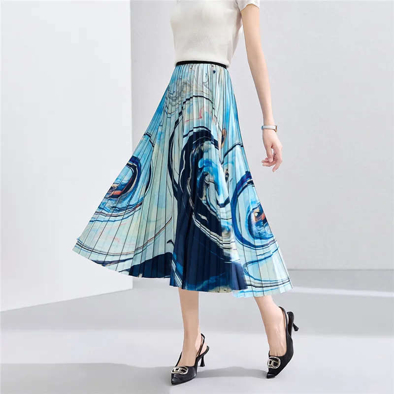 

2023 Summer Pleated Skirt For Women Elastic High-waisted Slim Mid-long Printed Skirts Female Casual Jupe 8634