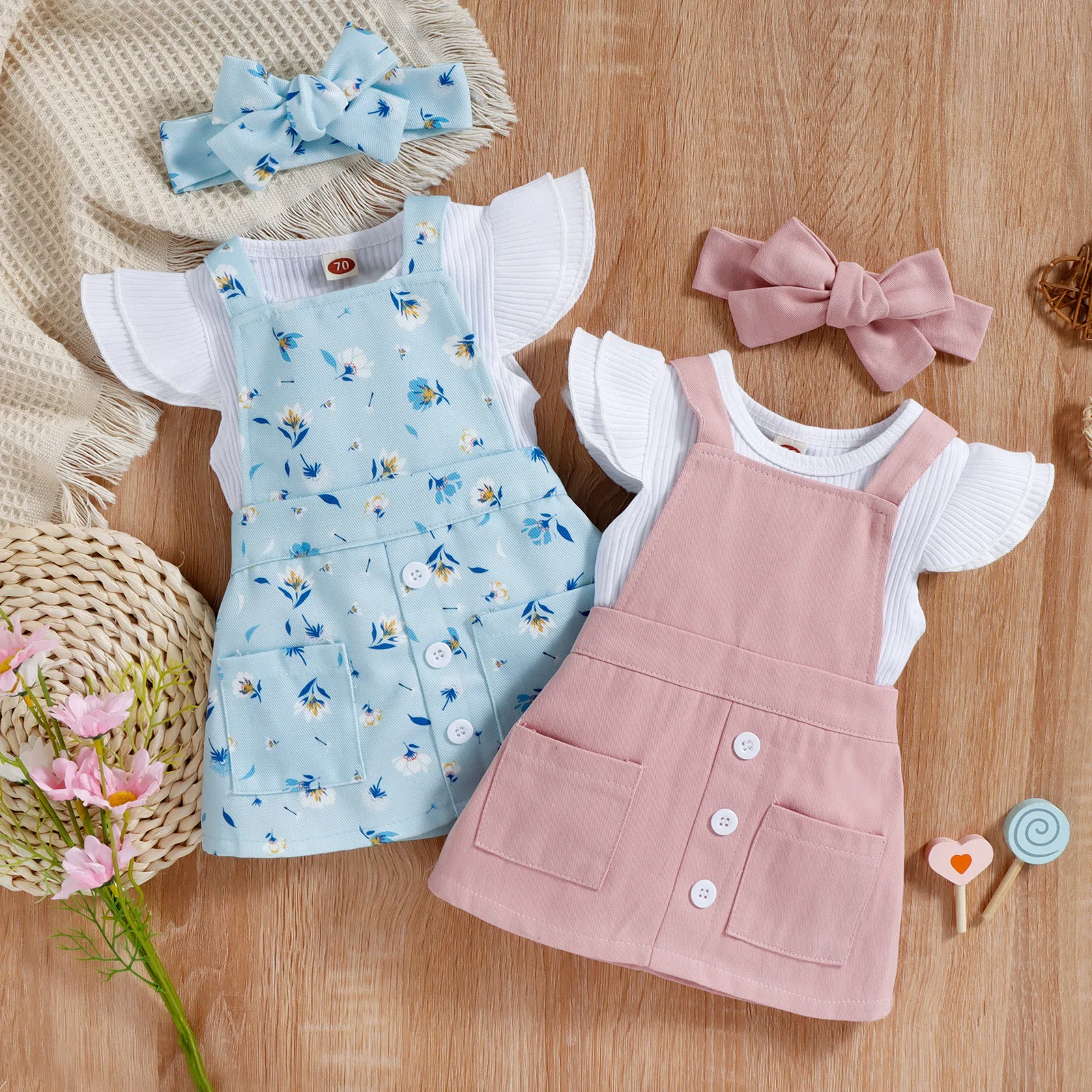 

Newborn Babys Clothes Set Autumn Summer Girls BoyTop+Overalls 2Pcs Children's Bow Floral Cotton Garment Skirt Suit For Baby 0-2Y