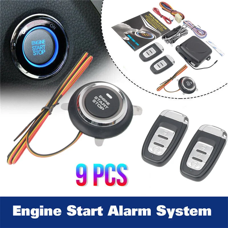 Keyless Entry System Remote Control Engine Start Car Alarm With Autostart Push Start Stop Button PKE Central Locking Automation car engine start stop push button remote alarm system smart keyless entry starter auto ignition starter work with dc 12v car