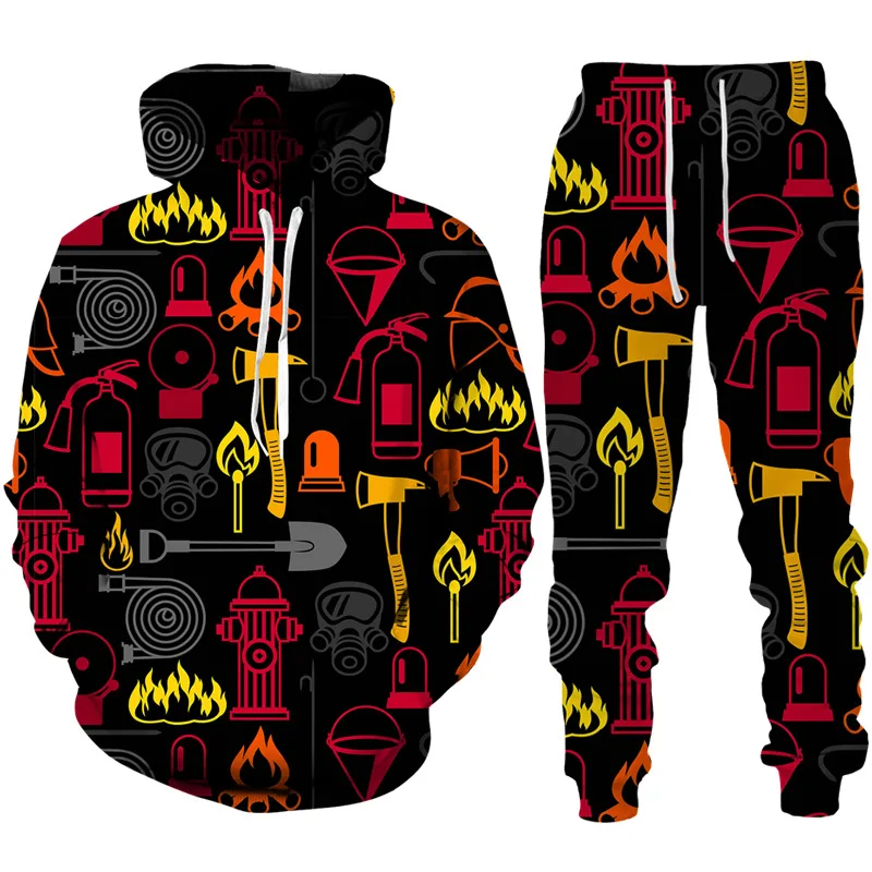 Autumn Firefighter 3D Printed Hoodie Suit Men Sweatshirts Sweatpants Casual Fashion Two Piece Tracksuit Set Men's Clothing