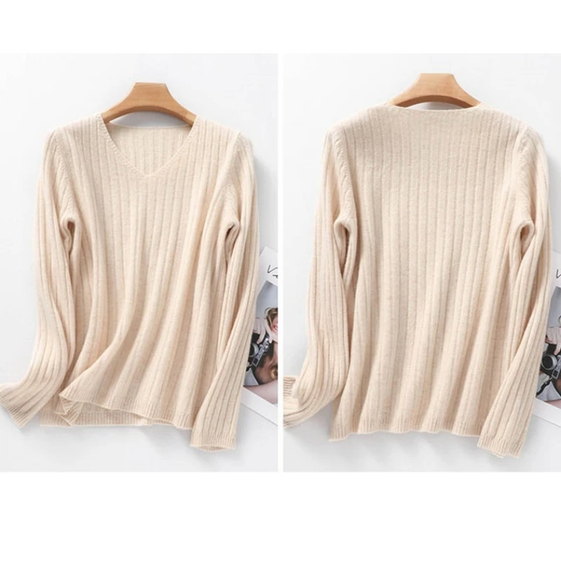 Женский свитер, сезон осень-зима 2023, вязаные пуловеры, Облегающая рубашка с V-образным вырезом, однотонная Мягкая трикотажная одежда, джемперы, базовые свитера