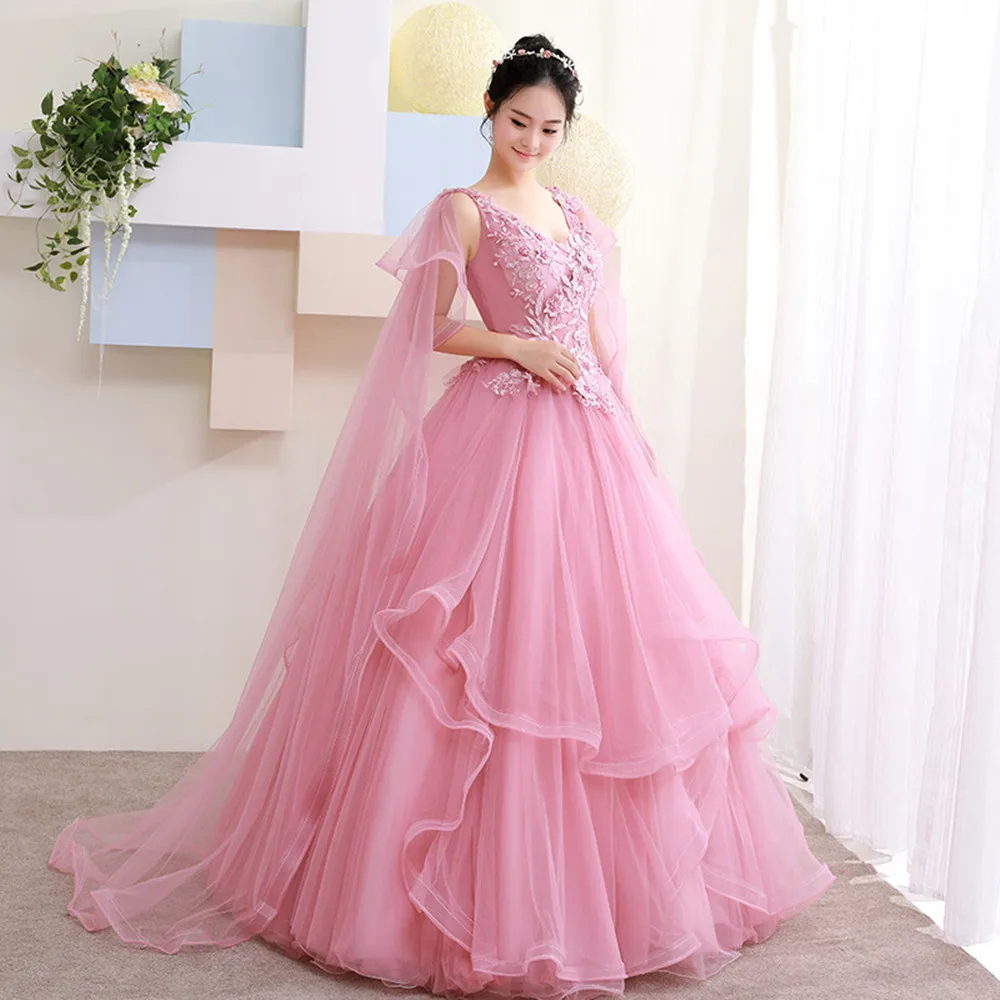 

Simple Pink V-Neck Shawl Evening Dress Lace Appliqué Party Dress Pleated Belt Big Train Ball Gown Vestido De Gala