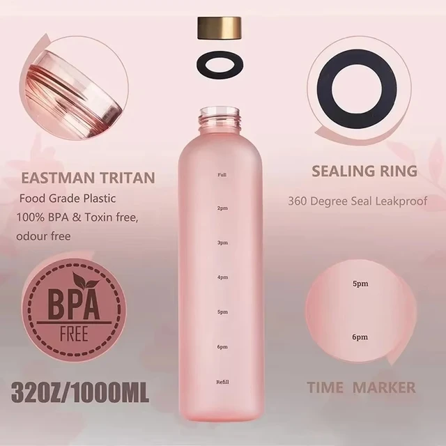 1L Water Bottle with Time Marker 32 OZ Fitness Sports Outdoor Travel Portable Leakproof Drinkware BPA Free Frosted Drink Bottles 4