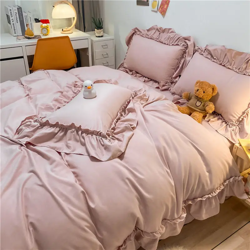 

Home Textiles Kit Bed 4 Piece Homeware Princess Bed Sheet Quilt Cover Elegant Solid Color Machine Washing Large Double Bed 4pc
