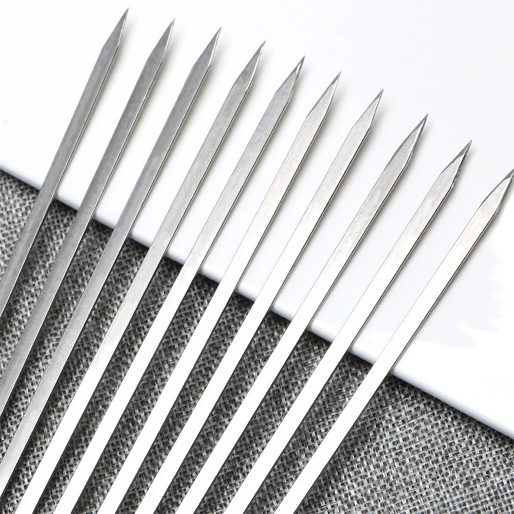 10pcs 38cm Stainless Steel Skewers Flat Meat BBQ Skewers Outdoor BBQ Barbecue Skewer Roasting Fork
