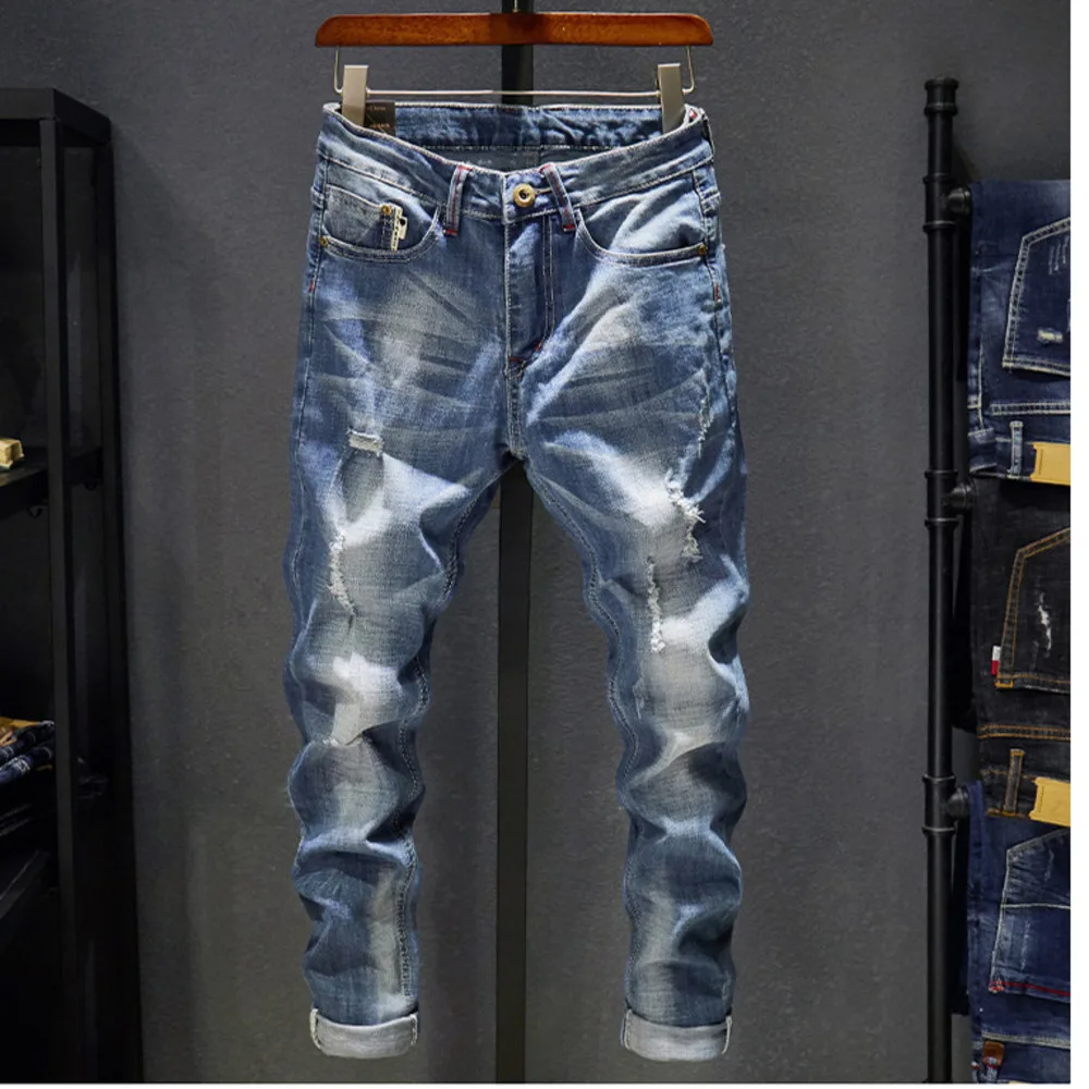 Elastic Jeans Youth Loose Light Color Big Hole Men's Scratched Beggar Slim Fit Feet Pants_voghion.com