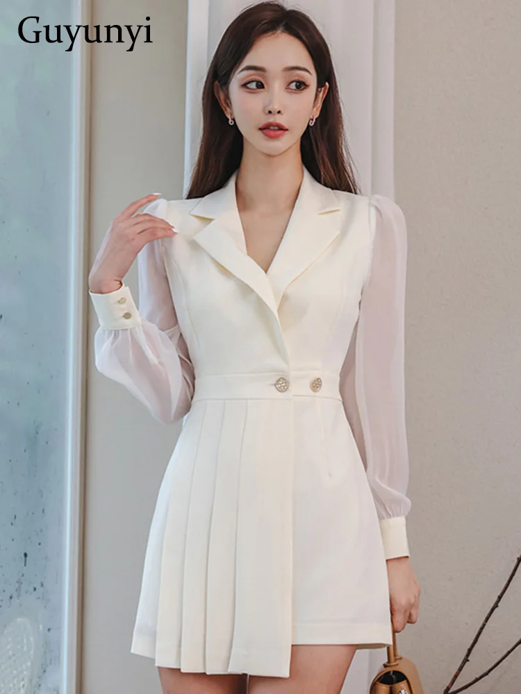 

Женское офисное мини-платье, белое элегантное вечернее платье с полупрозрачным рукавом и воротником-стойкой, двубортное асимметричное платье с рюшами