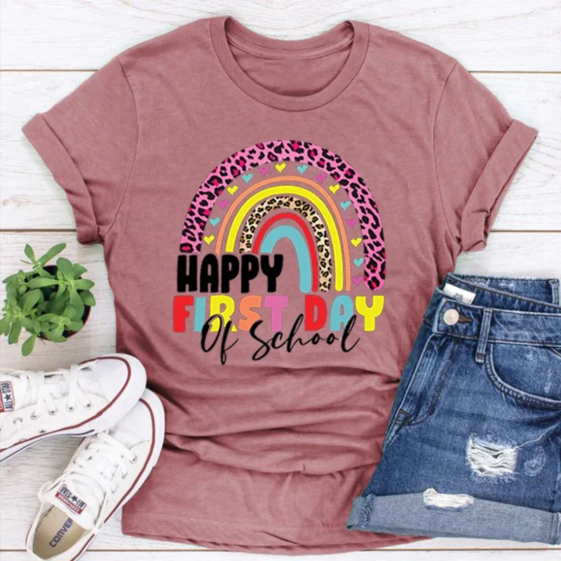 

Happy First Day of School Shirt Teacher Tshirt Teacher Life Vintage Clothes Aesthetic School Women Clothing
