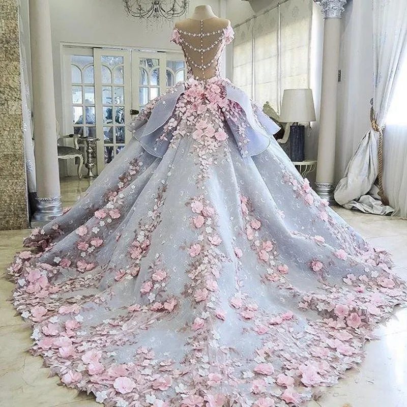 

Роскошное бальное платье ANGELSBRIDEP, платья Quinceanera с 3D аппликацией, цветы ручной работы, наряд 15 лет, со шлейфом