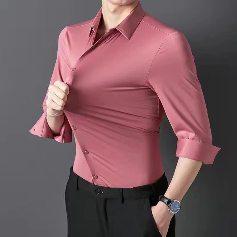 Men's shirt High elastic and traceless spring and autumn 2024 cotta new long-sleeved  slim spandex non-ironing business leisure elastic business elastic pure color striped shirt non ironing long sleeved slim fit shirt men white collar work shirts for men