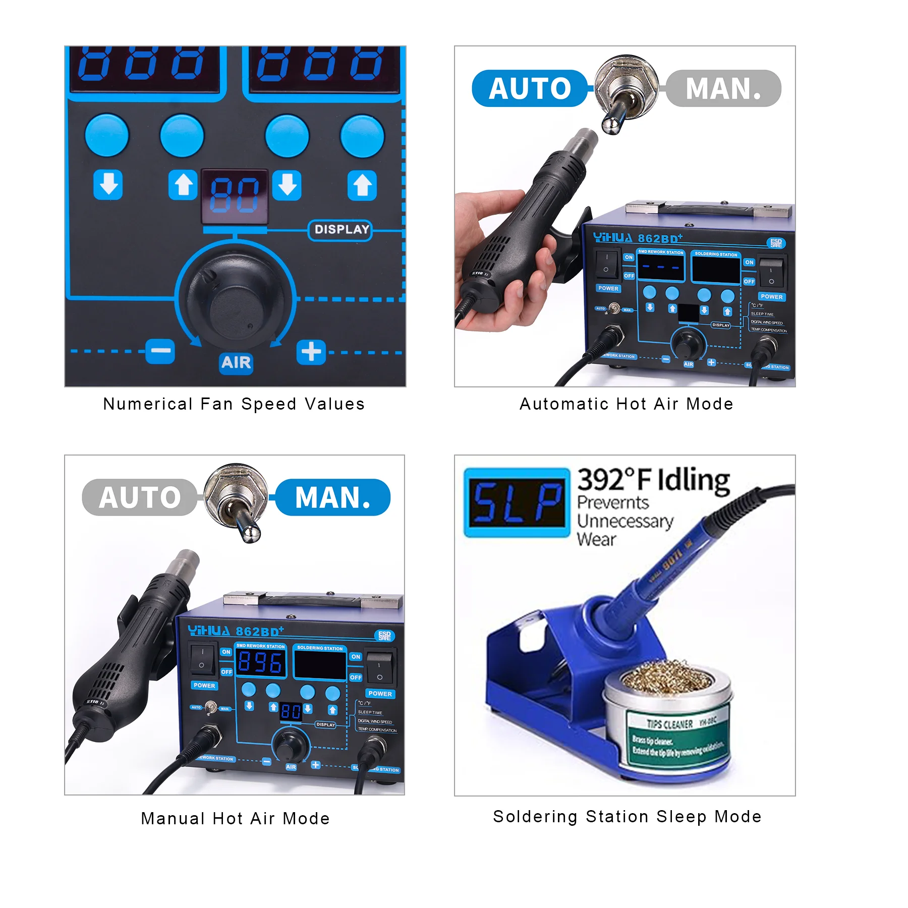 862BD+ 2-in-1 Soldering & Hot Air Rework Station 750W 200-896°F PID Control Slee