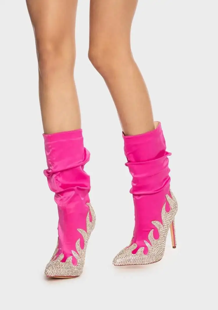 

Женские Плиссированные ботильоны, розово-красные шелковые ботинки с острым носком, на высоком каблуке-шпильке, Свадебная обувь для сцены