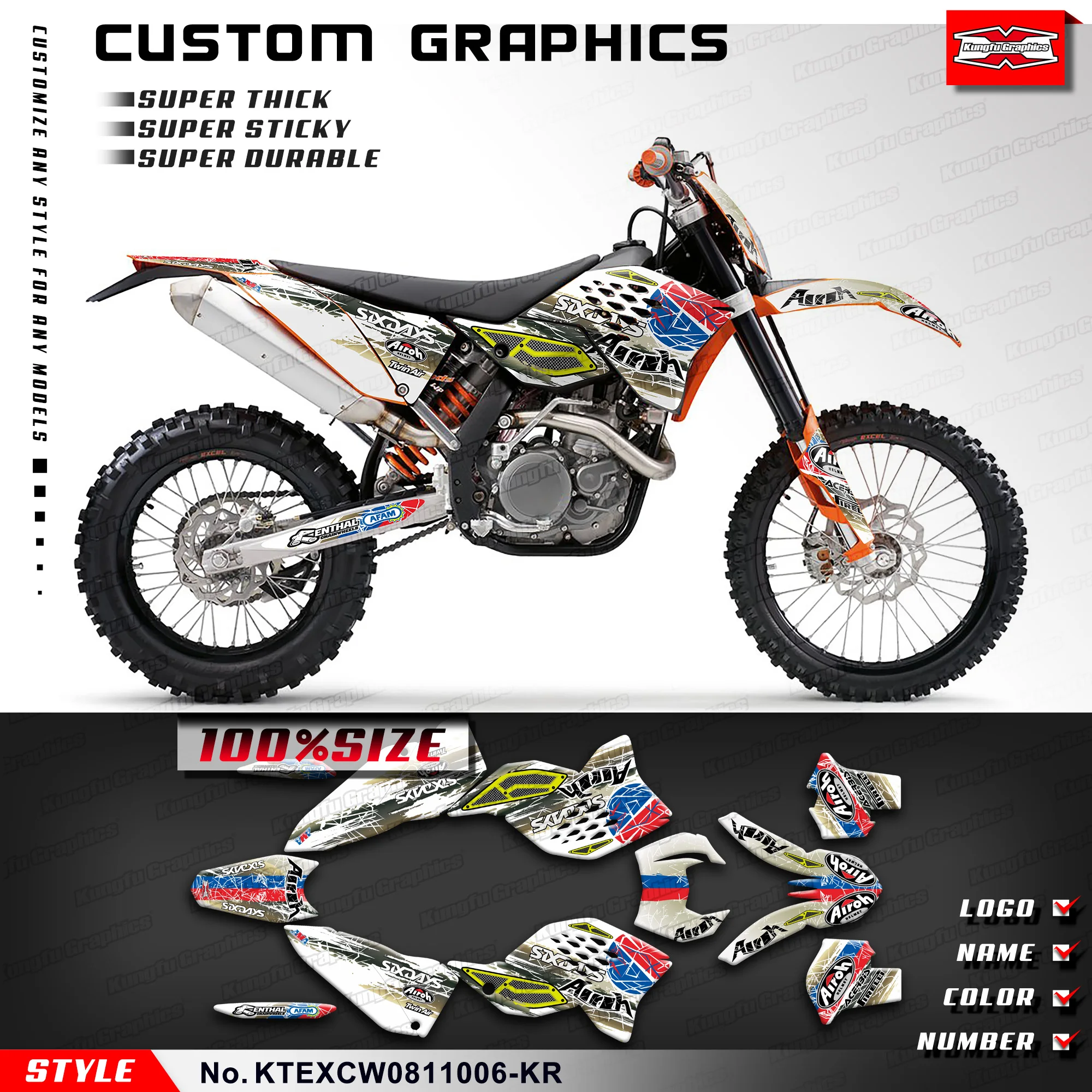 

KUNGFU, графическая наклейка, виниловый комплект для обертывания для KTM 125 200 250 300 400 450 525 EXC F XCW XCF-W 530 2008 2009 2010, шесть дней