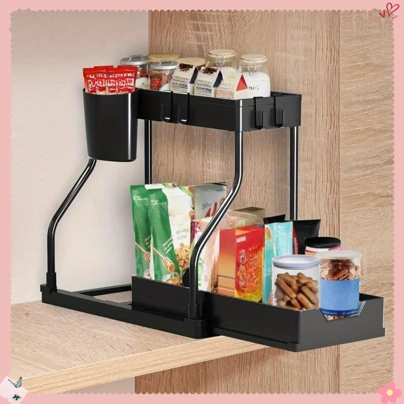 Bathroom Kitchen Multi-Layer Pull-Out Storage Rack Clutter Organizer Sink Area Seasonings
