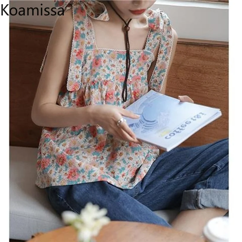 

Koamissa Women's Summer Outerwear Camisole Sweet Square Collar Floral Tank Fashion Chic Tops Female Elegant Daily Outwear Camis