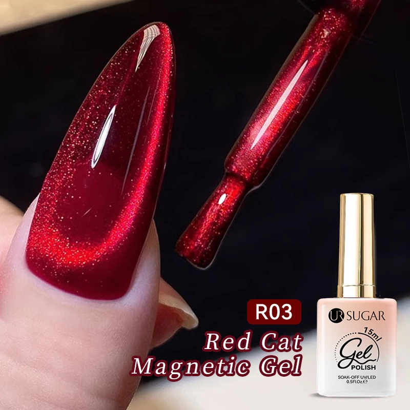 UR SUGAR 15ml  Autumn Winter Red Cat Magnetic Gel Nail Polish White Dopamine Nail Sparkling Glitter Soak Off UV LED for Manicure