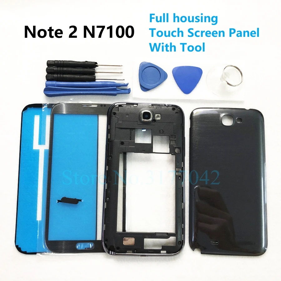 

For Samsung Galaxy Note 2 N7100 Full Housing Front Screen Glass Lens Middle Frame Battery Back Door Rear Cover Complete Case