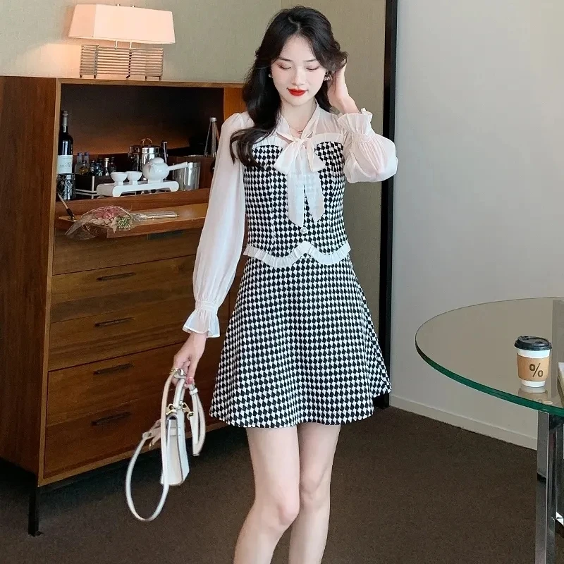 Women Graceful Bowknot Collor Shirts Mini Skirt Two Piece Set Spring Autumn Korean Slim Plaid Patchwork Tops Skirts Outfits 2023