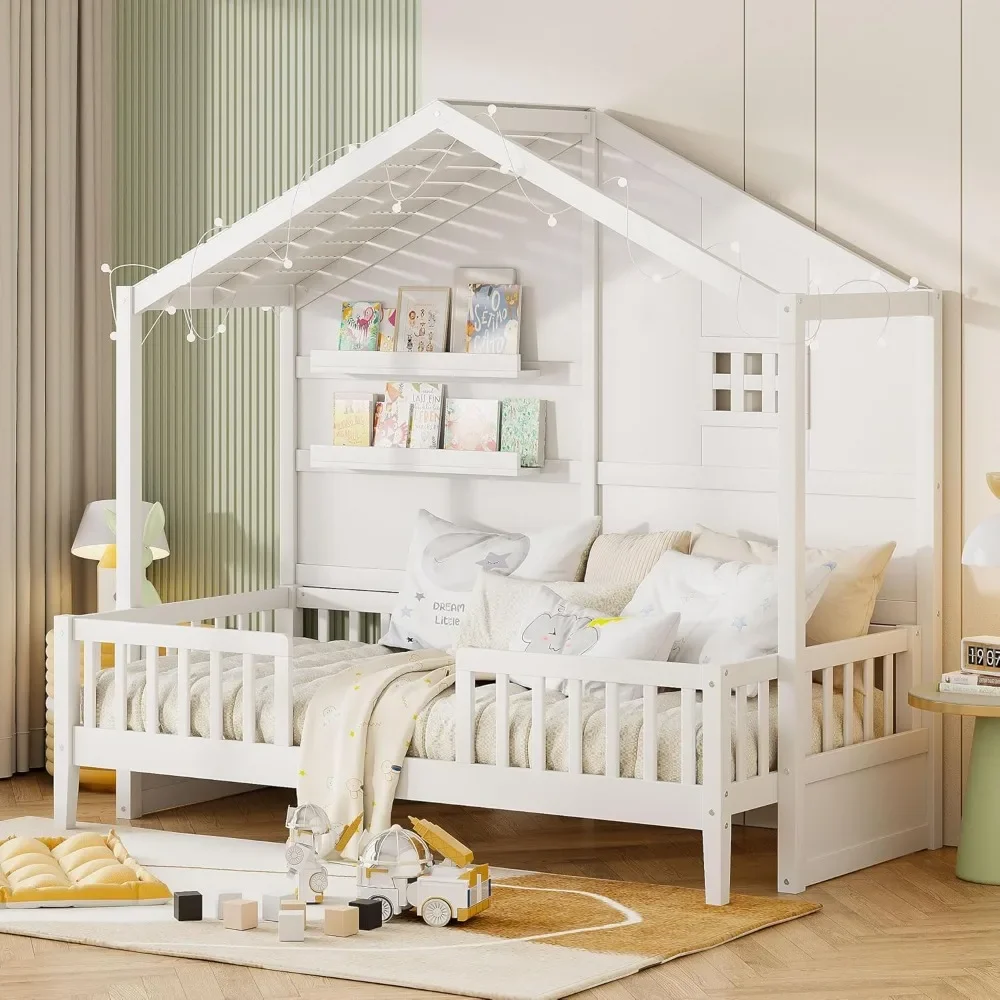 Twin Size House Bed with Storage Shelves and Fence,Sparkling Light Strip on The Roof for Children Teens Adults 4