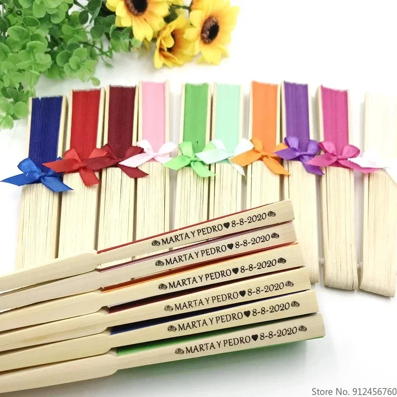 Personalized wedding silk fabric fan-shaped ties custom printed name date manually folded fan-shaped 10/30/40/70 pieces