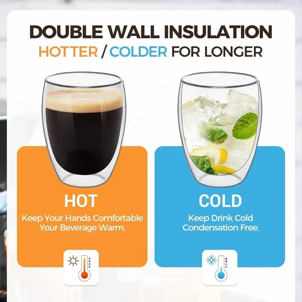 6 pcs Clear Double Wall Glass Coffee Mugs 80ml/250ml Insulated Layer Cups Set for Bar Tea Milk Juice Water Espresso Shot Glass