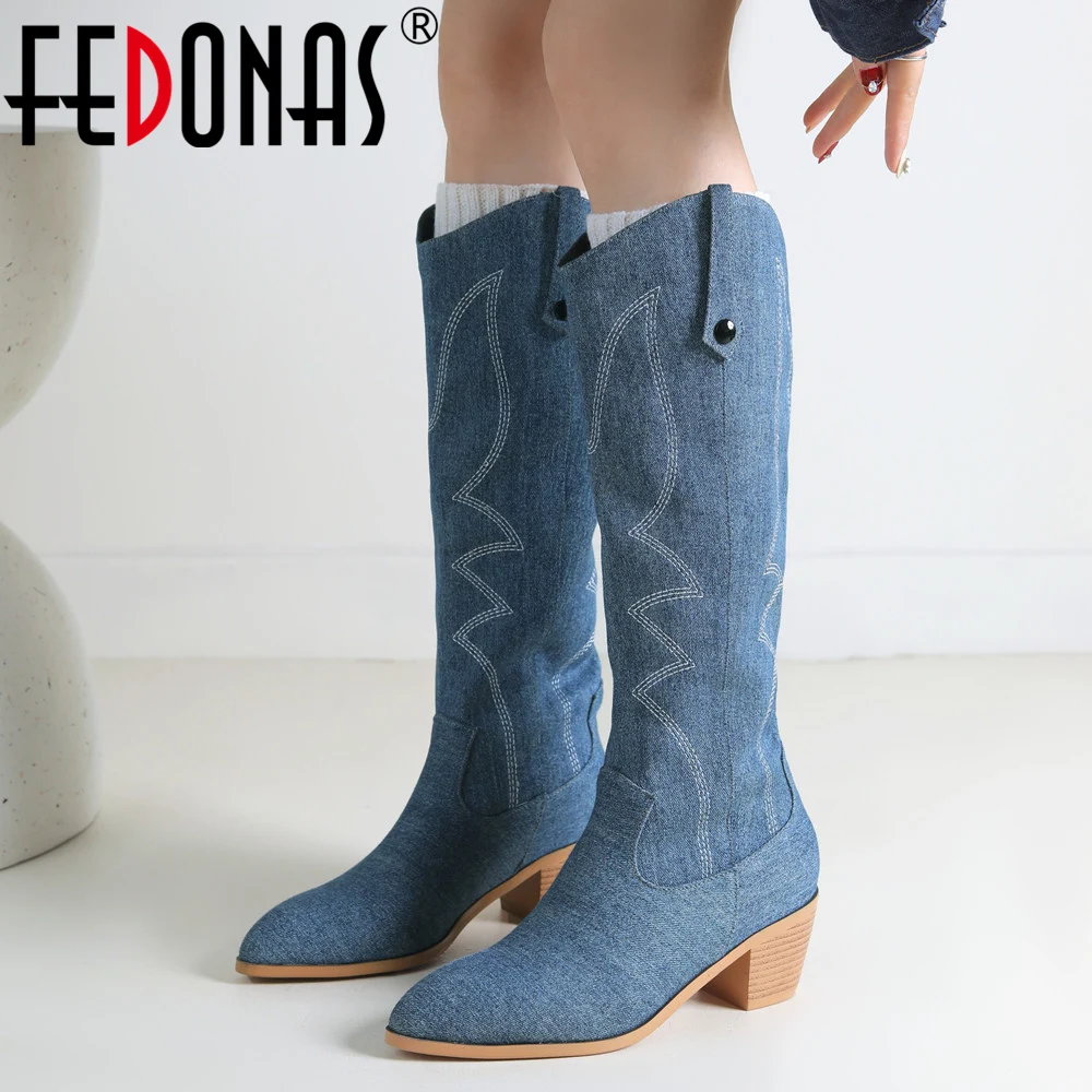 

FEDONAS Popular Denim Women Knee-High Boots Autumn Winter Fashion Embroider Thick High Heels Party Office Lady Shoes Woman 2023
