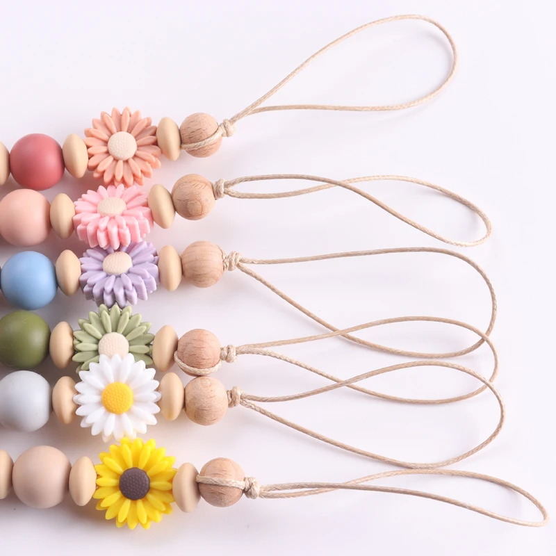 Daisy Flower Baby Pacifier Clips Babies Soothing Beech Silicone Anti Drop Pacifier Chain