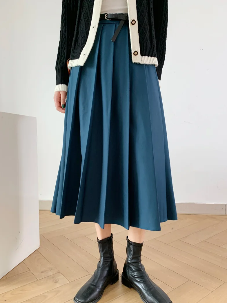 Alien Kitty Femme Prom Chic Women Mid-Length Skirts Solid All Match Casual 2022 New OL Pleated High Waist Autumn Daily Lady blue skirt