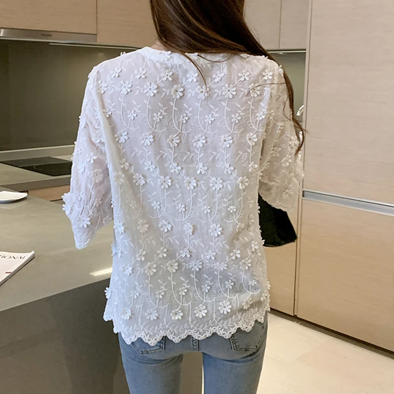 2023 Elegant Blouses Summer New Stereoscopic Embroidered White Lace Shirt Cotton Blouse Floral Short Sleeve Woman's Shirt 9638