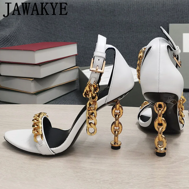 

Genuine Leather Metal Chain High Heel Sandals Women Shoes Ankle Wrap Metal Heels Designer Shoes Summer 2022 Sexy Laser Sandalias