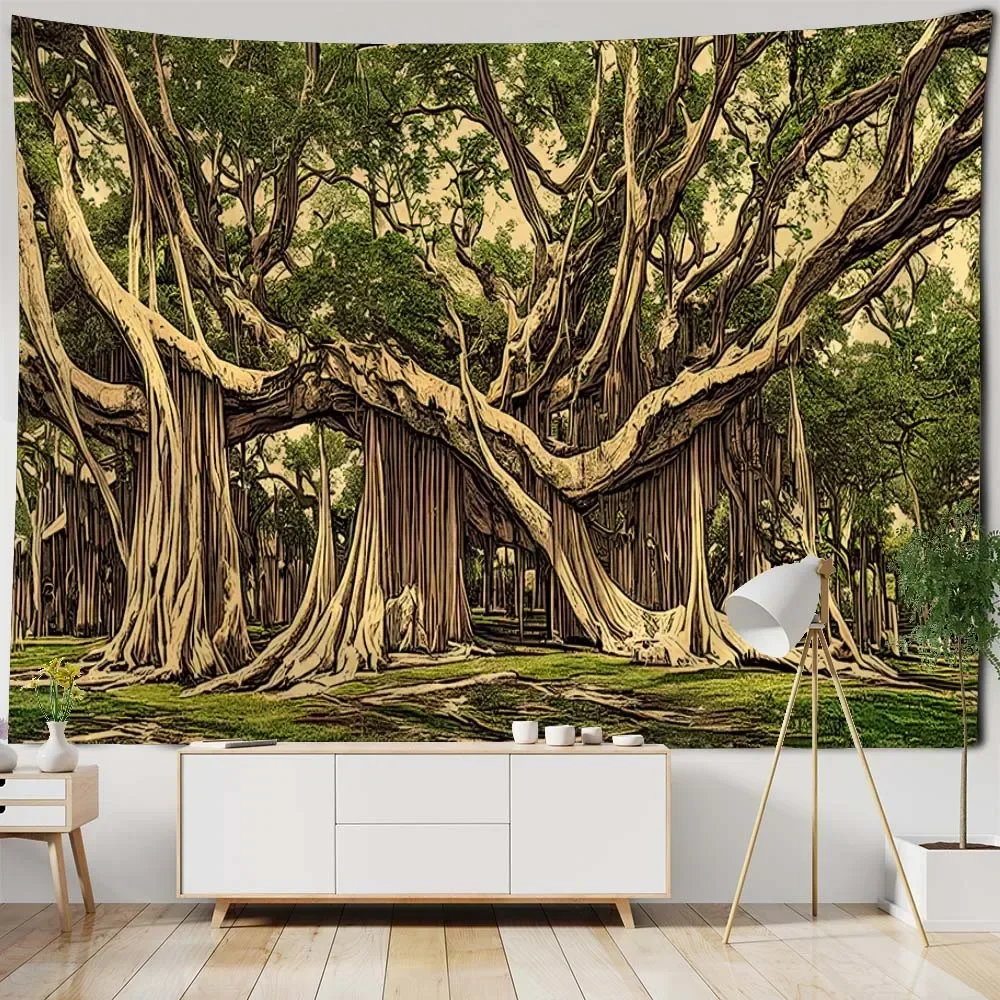 Beautiful ancient tree tapestry, jungle landscape, wall hanging cloth, home wall art decoration, living room background cloth