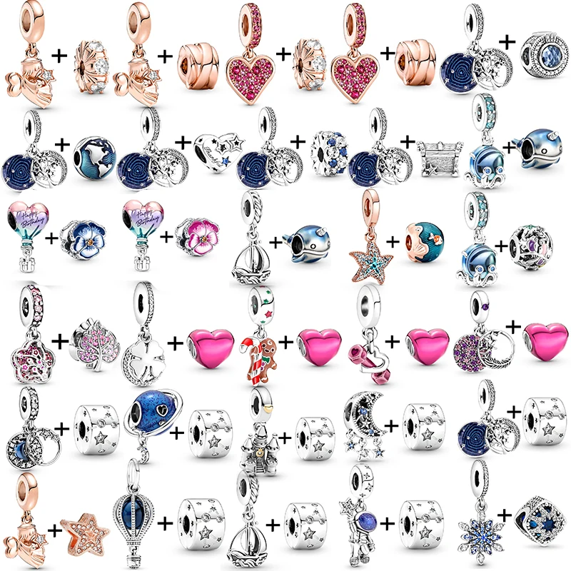 Silver Charm Beads 2Pcs/Lot Love Heart Star Beads Pendant Fit Original Brand Charms Bracelet Women Jewelry Gift 45 Styles