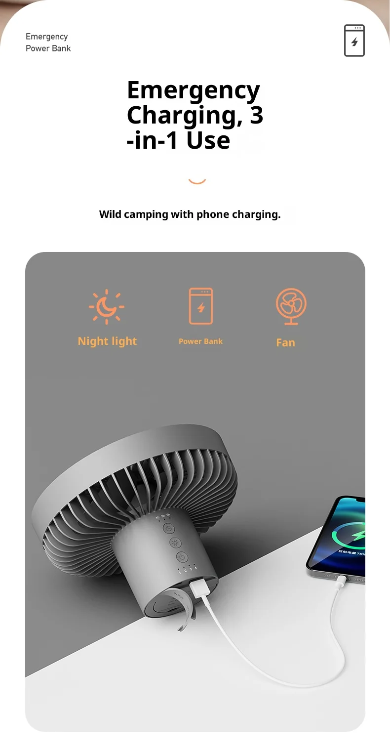 HOMEFISH Portable Rechargeable Camping Fan 4000mAh 10000mAh Wireless Ceiling Desktop Fan with Power Bank LED Light