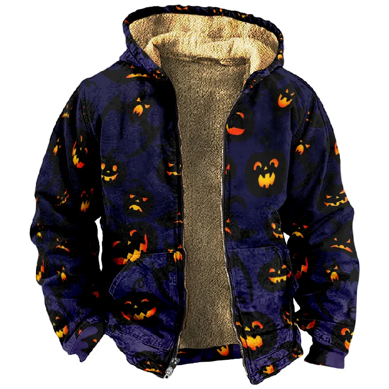 2023 New Halloween Cotton Coat Hooded Sweater Casual Print Long Sleeve Zipper Sweater Thick Cotton Coat Winter