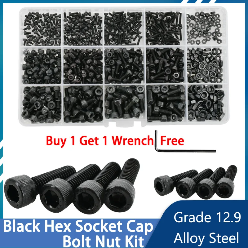 M2 M3 M4 M5 M6 12.9 Grade Hex Socket Cap Bolt Nut Kit Metric Thread Alloy Steel Machine Screws DIN912 Scooter Allen Bolts Black