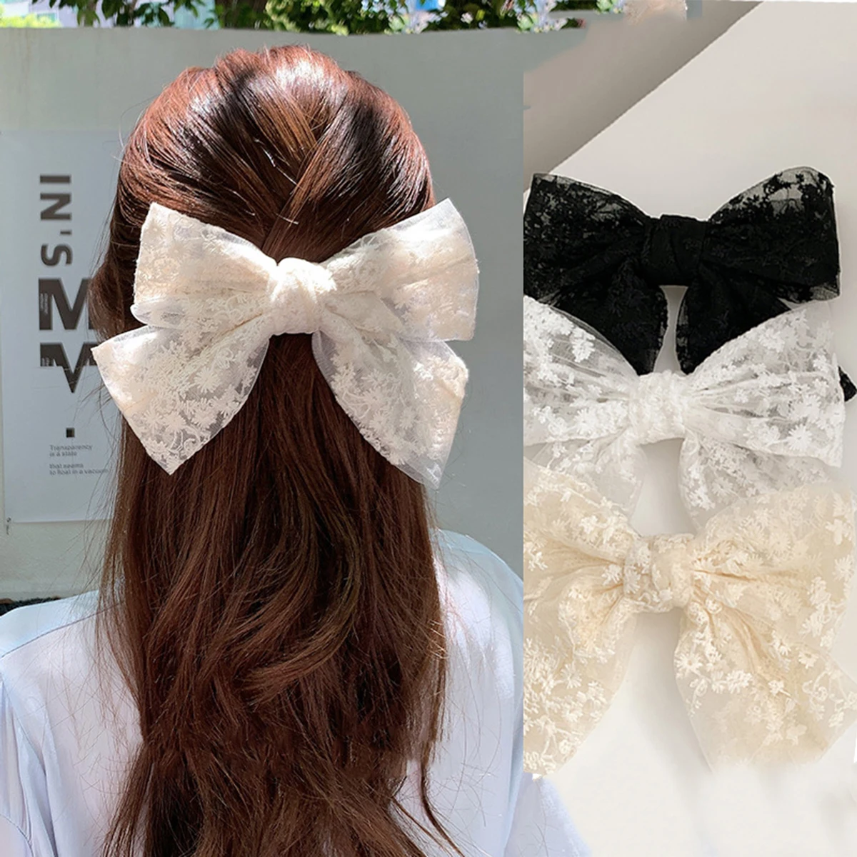 Lace bow hair clip, embroidered sweet and elegant, ribbon spring clip, internet-famous girl headwear hair clip