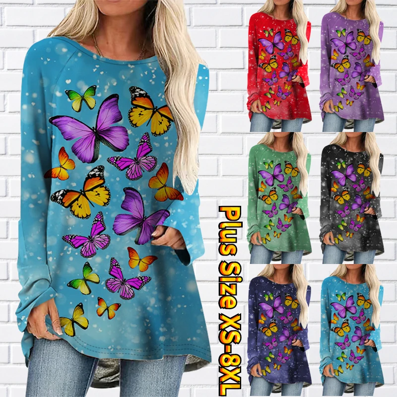 

2022 New Autumn Winter Daily Vintage Butterfly Print Tops Ladies Round Neck Long Sleeve Autumn Street Fashion Casual T-shirt