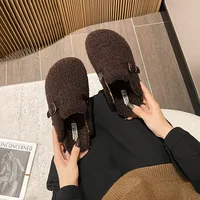 High Quality Lamb fur slippers women round toe buckle belt plush pantuflas female cork winter slides shoes woman furry slippers - Image 6