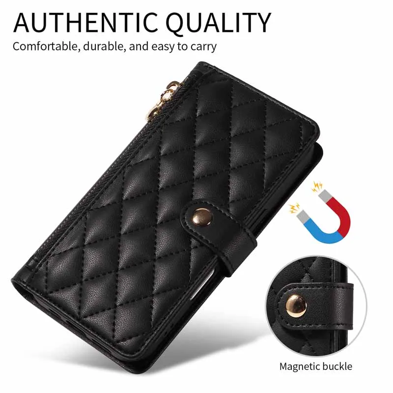 Leather Flip Wallet Zippered Phone Case with Card Slots