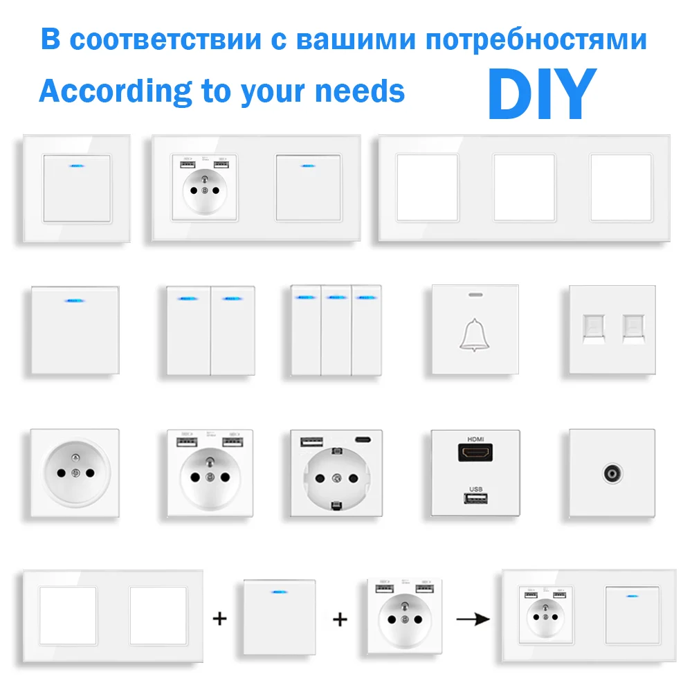 EIOMR francie předpis zeď nástrčkový temperované luxusní broušené sklo sklo panel energie vývod elektrický USB typ C 5V 2.1A ac110-250v 16A